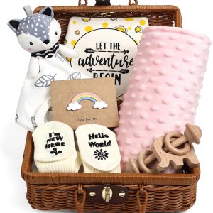 Newborn Baby Gifts Set, New Born Baby Gift for Boys and Girls, 7 in 1 Set - A Baby Blanket, Lovey Security Blanket, Bib, Wooden Rattle Toy, New Baby Gifts Basket Rose Pink