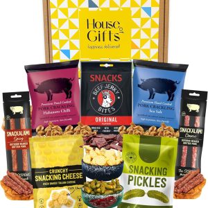 Savoury Snacks Hamper Gift Set with Pork Crackling, Beef Jerky, Cheese Bites, Salami & Pickles – Pub Treats Box & Snack Gifts for Her, Ideal Dad Treat Box or Fathers Day Present for Him