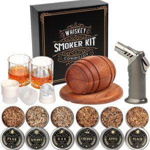 ComboJoy Whiskey Smoker Kit with Torch - 6 Flavors Wood Chips, 2 Glasses, 2 Ice Ball Molds - Cocktail Smoker Infuser Kit, Old Fashioned Drink Smoker Kit, Birthday Bourbon Gifts for Men,Dad(NO Butane)